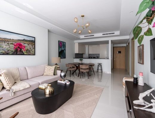 Luxury living room at Paramount Hotel Midtown Dubai apartment by Loumerah Vacation Homes